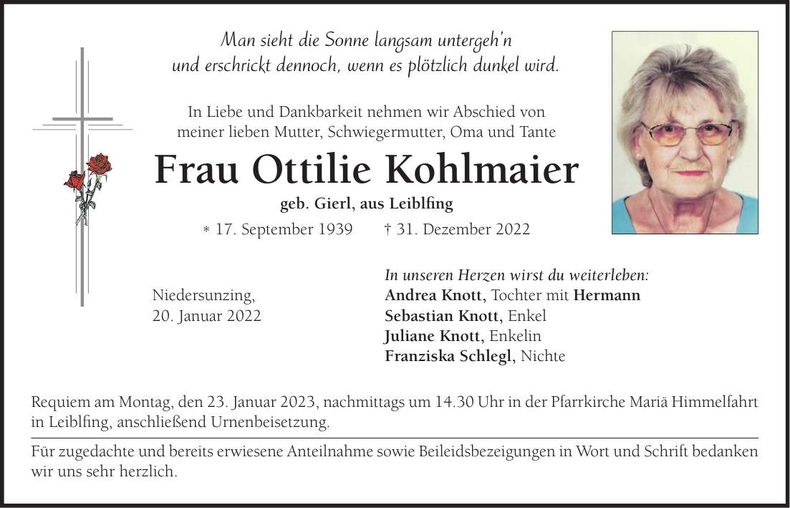 Traueranzeige Ottilie Kohlmaier