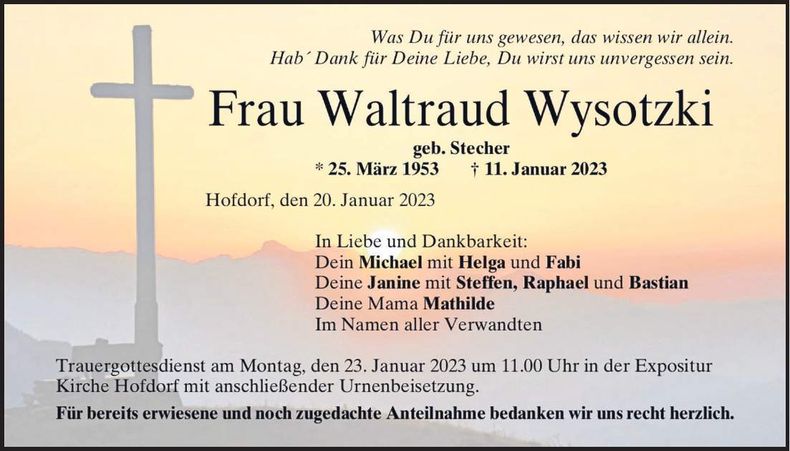 Traueranzeige Waltraud Wysotzki