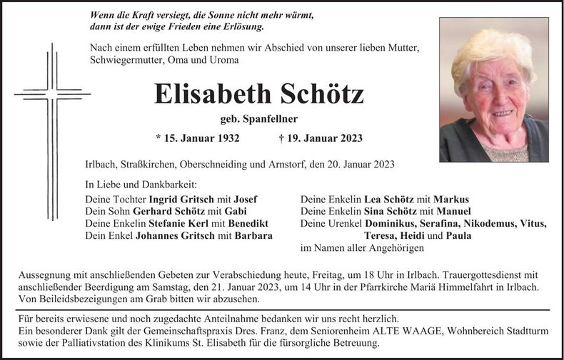 Traueranzeige Elisabeth Schötz
