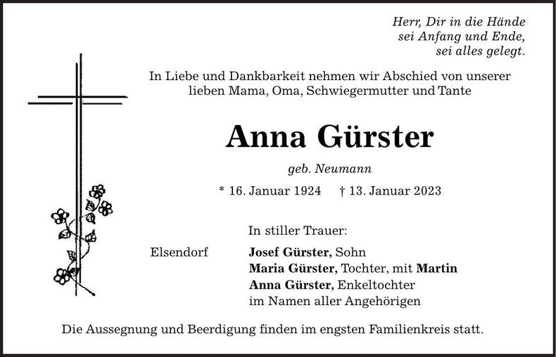 Traueranzeige Anna Gürster