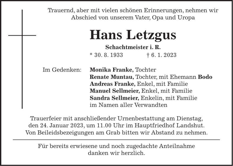 Traueranzeige Hans Letzgus