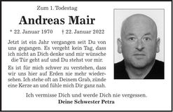 Traueranzeige Andreas Mair