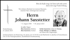 Traueranzeige Johann Saxstetter