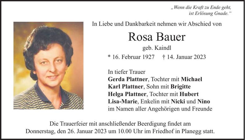 Traueranzeige Rosa Bauer
