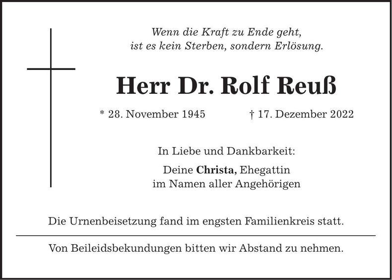 Traueranzeige Rolf Reuß