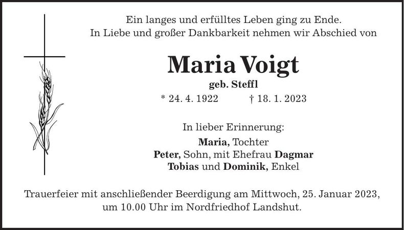Traueranzeige Maria Voigt