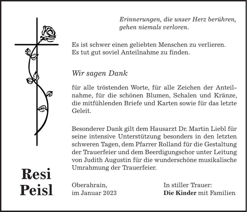 Traueranzeige Resi Peisl