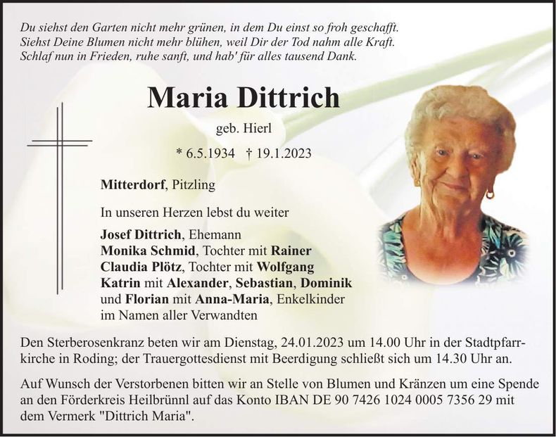 Traueranzeige Maria Dittrich