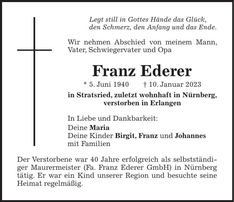 Traueranzeige Franz Ederer