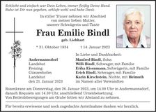 Traueranzeige Emilie Bindl
