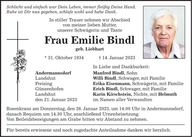 Traueranzeige Emilie Bindl