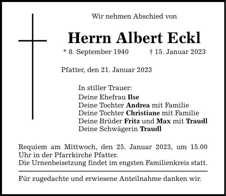 Traueranzeige Albert Eckl
