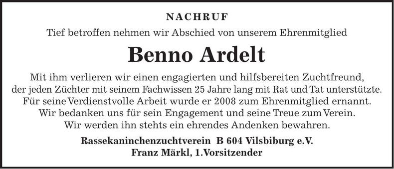 Traueranzeige Benno Ardelt