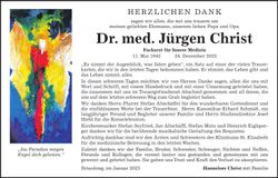 Traueranzeige Dr.med.Jürgen Christ
