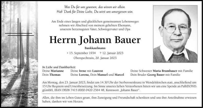 Traueranzeige Johann Bauer