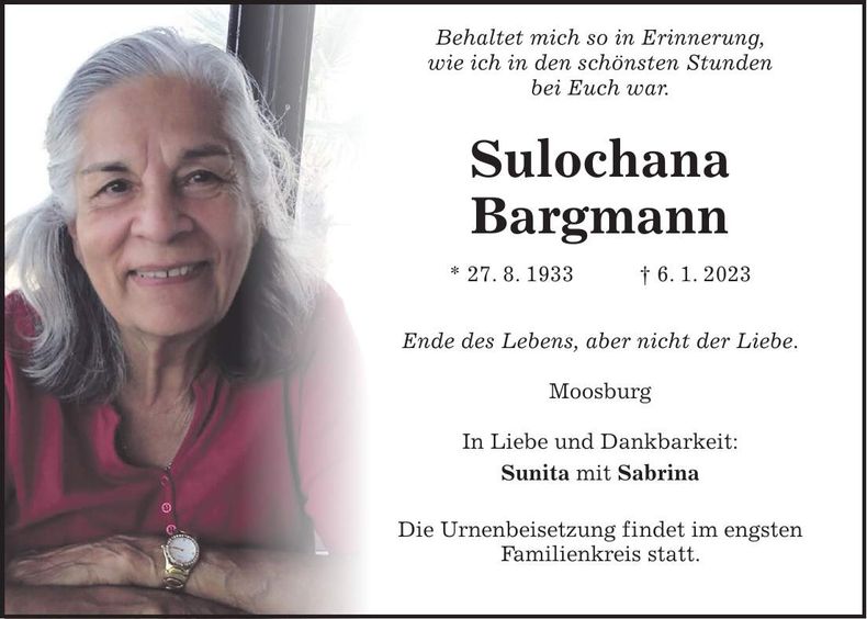 Traueranzeige Sulochana Bargmann