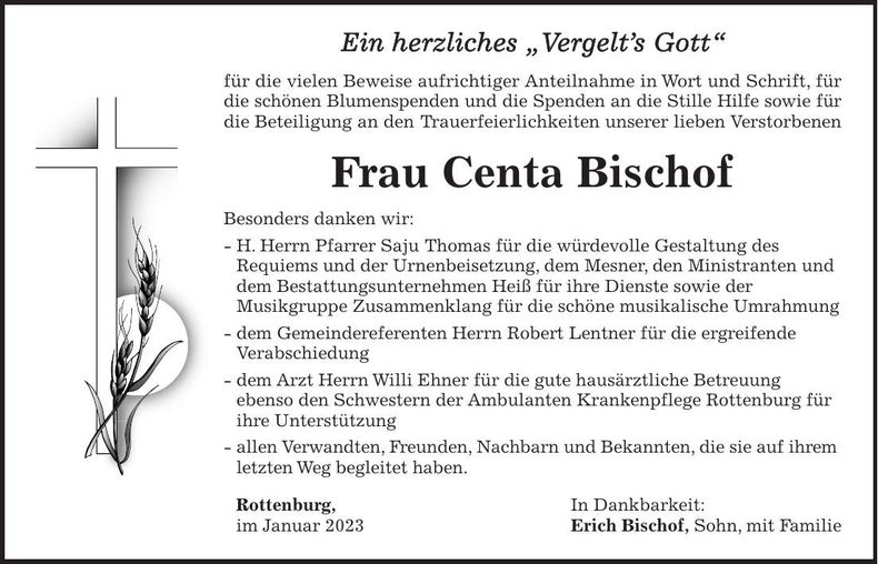 Traueranzeige Centa Bischof