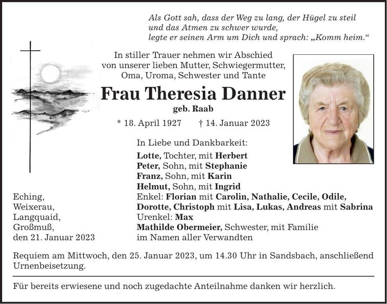 Traueranzeige Theresia Danner