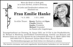 Traueranzeige Emilie Hanke