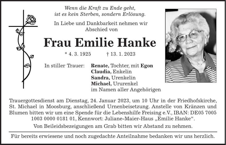 Traueranzeige Emilie Hanke
