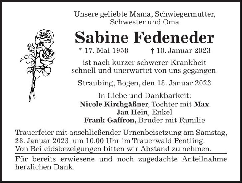 Traueranzeige Sabine Fedeneder