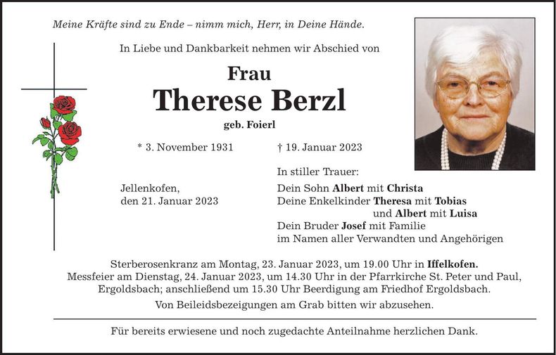 Traueranzeige Therese Berzl