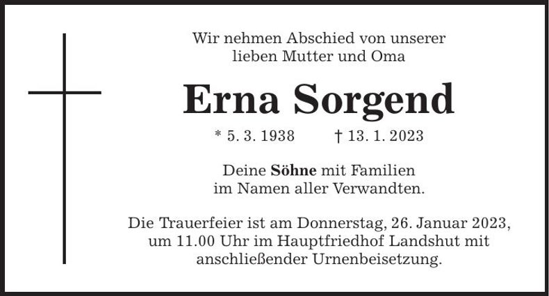 Traueranzeige Erna Sorgend