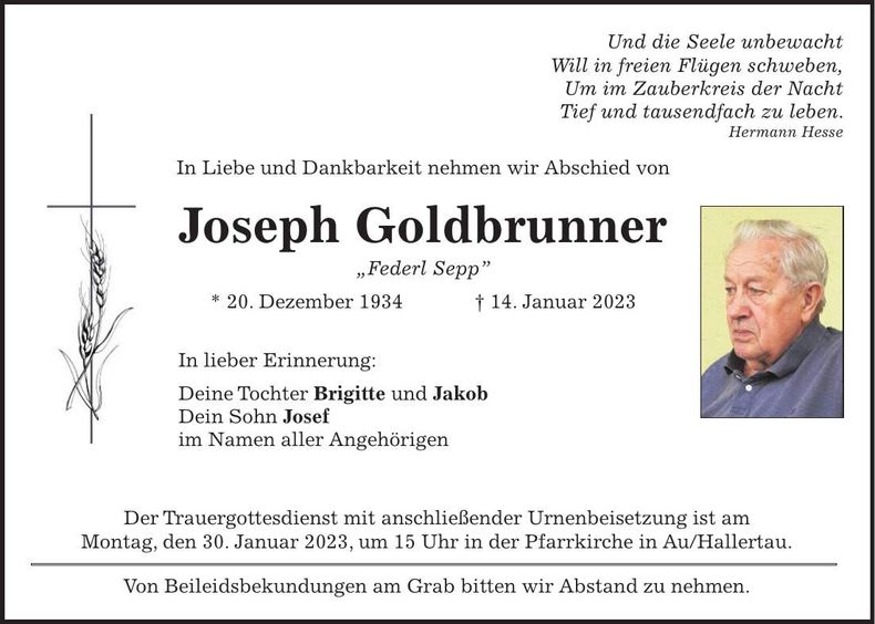 Traueranzeige Joseph Goldbrunner