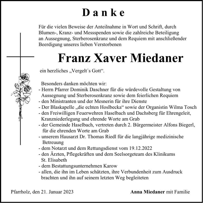 Traueranzeige Franz Xaver Miedaner