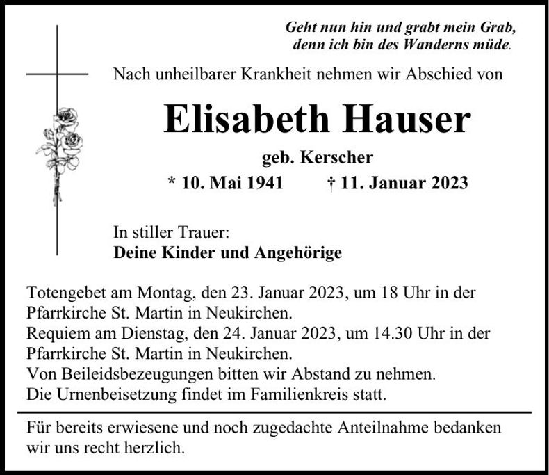 Traueranzeige Elisabeth Hauser