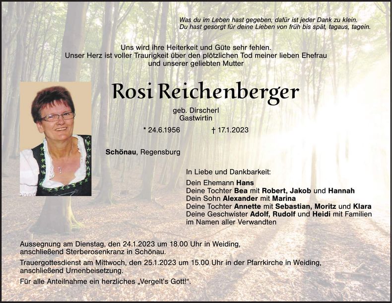 Traueranzeige Rosi Reichenberger