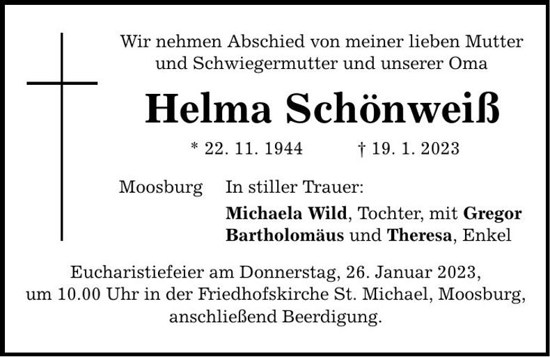 Traueranzeige Helma Schönweiß