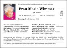 Traueranzeige Maria Wimmer