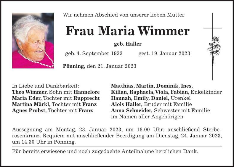 Traueranzeige Maria Wimmer