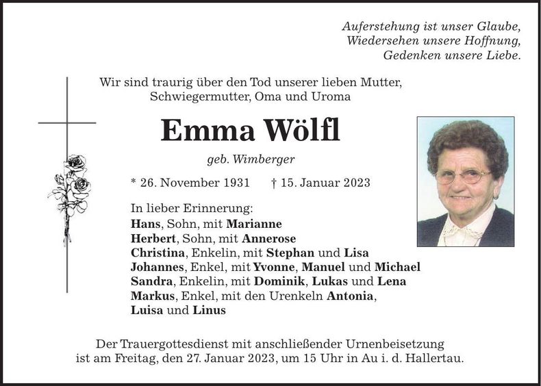 Traueranzeige Emma Wölfl