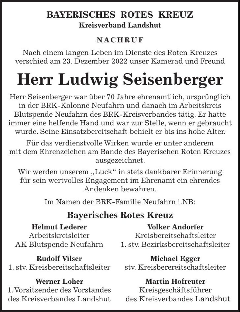 Traueranzeige Ludwig Seisenberger