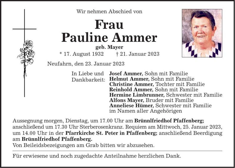 Traueranzeige Pauline Ammer