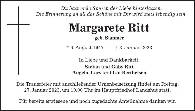 Traueranzeige Margarete Ritt