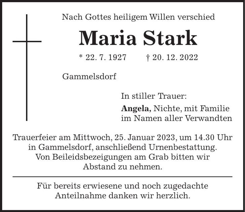 Traueranzeige Maria Stark