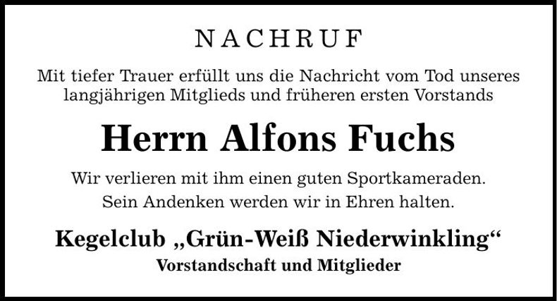 Traueranzeige Alfons Fuchs
