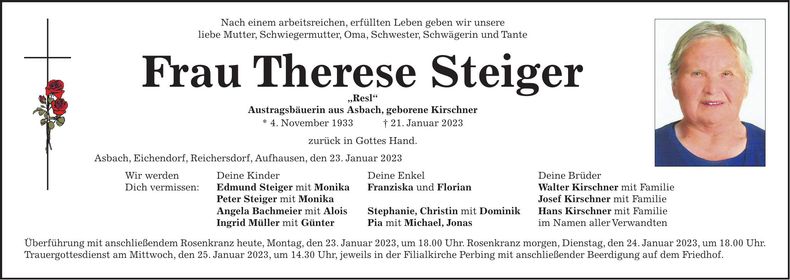 Traueranzeige Therese Steiger