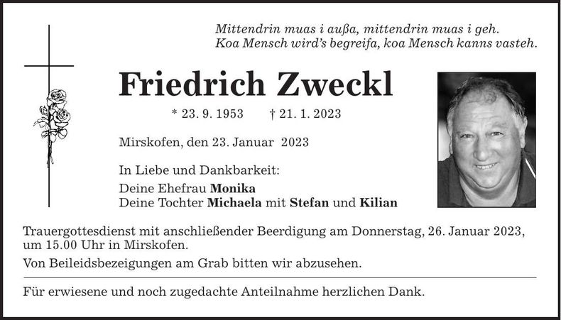 Traueranzeige Friedrich Zweckl
