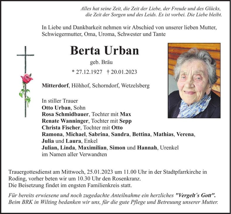 Traueranzeige Berta Urban