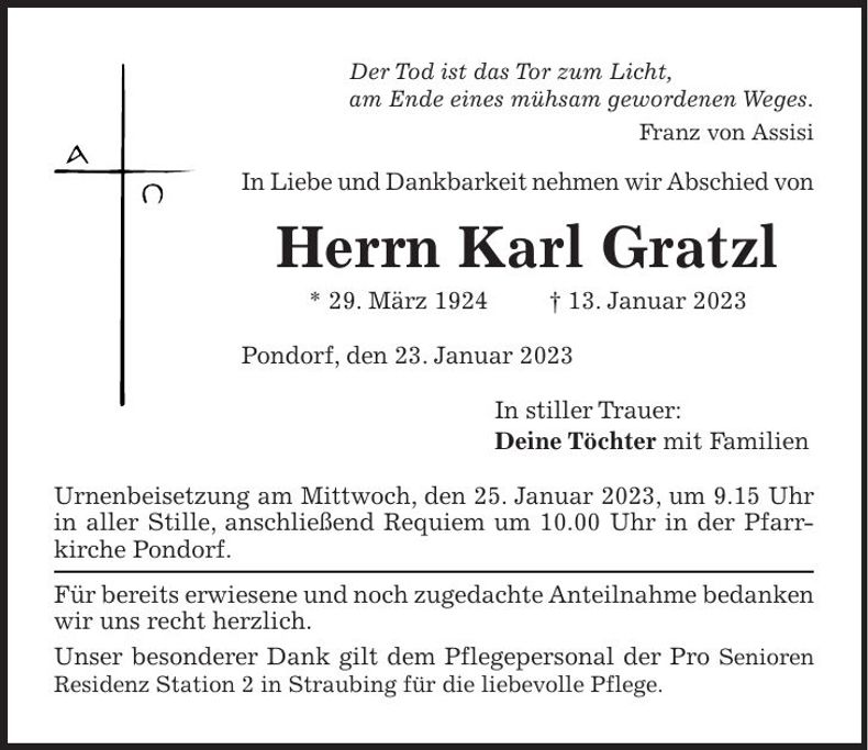 Traueranzeige Karl Gratzl