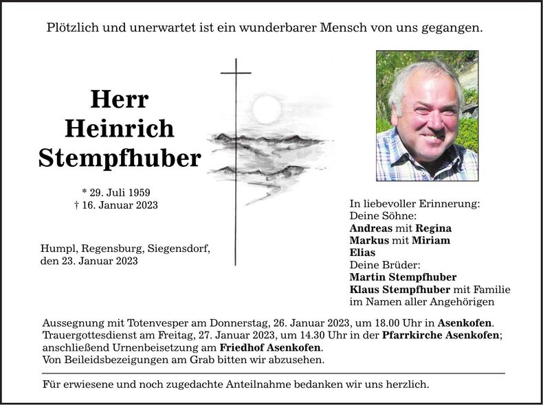 Traueranzeige Heinrich Stempfhuber