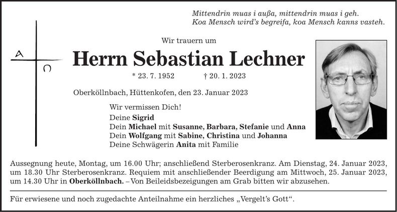 Traueranzeige Sebastian Lechner