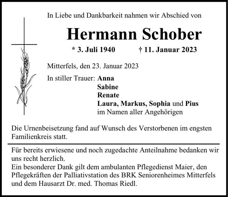 Traueranzeige Hermann Schober