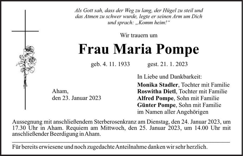 Traueranzeige Maria Pompe