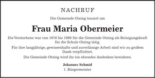 Traueranzeige Maria Obermeier