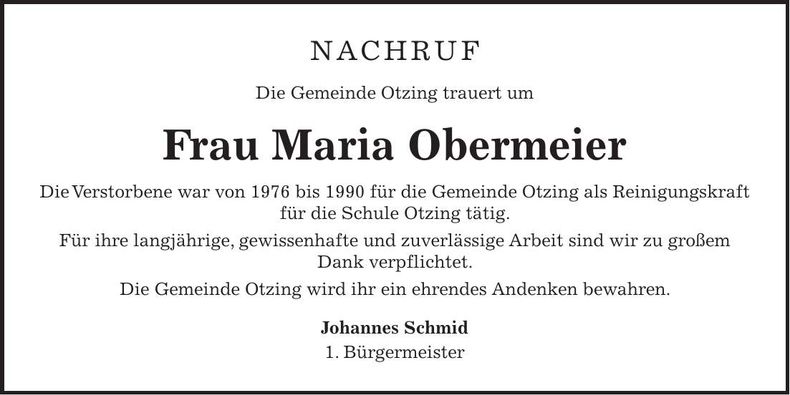 Traueranzeige Maria Obermeier